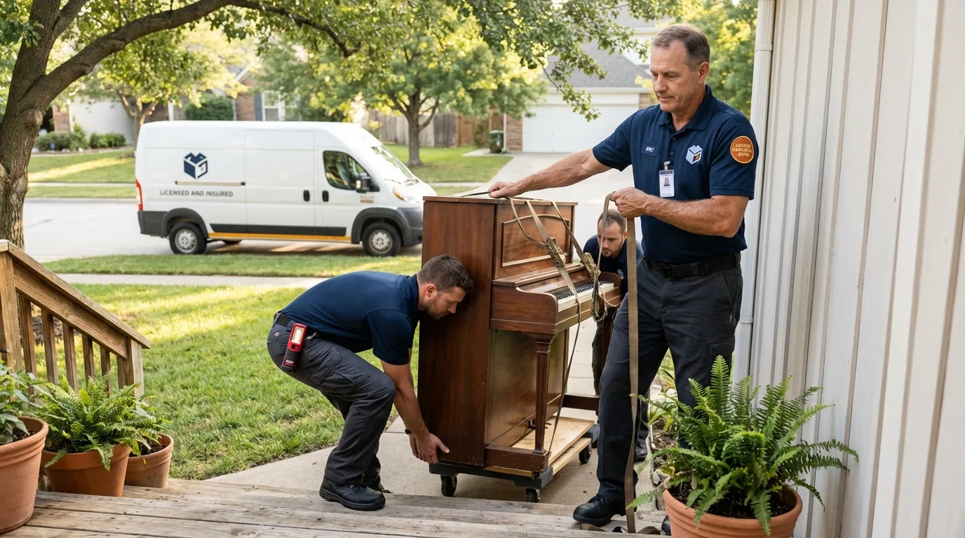 Licensed piano movers securing grand piano in Cape May Court House, NJ