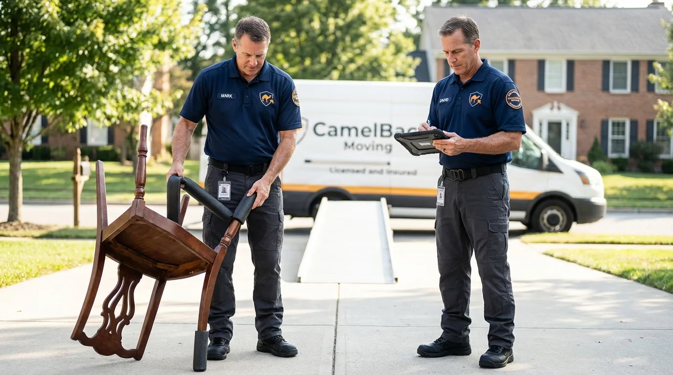 Movers inspecting furniture for damage prevention before loading in Cape May Court House, NJ