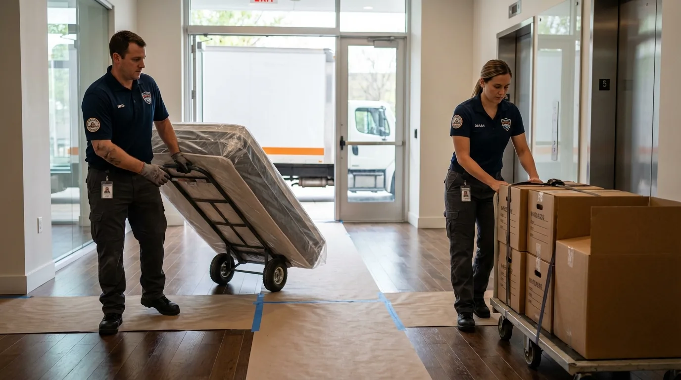 Professional apartment movers loading elevator in Cape May Court House, NJ