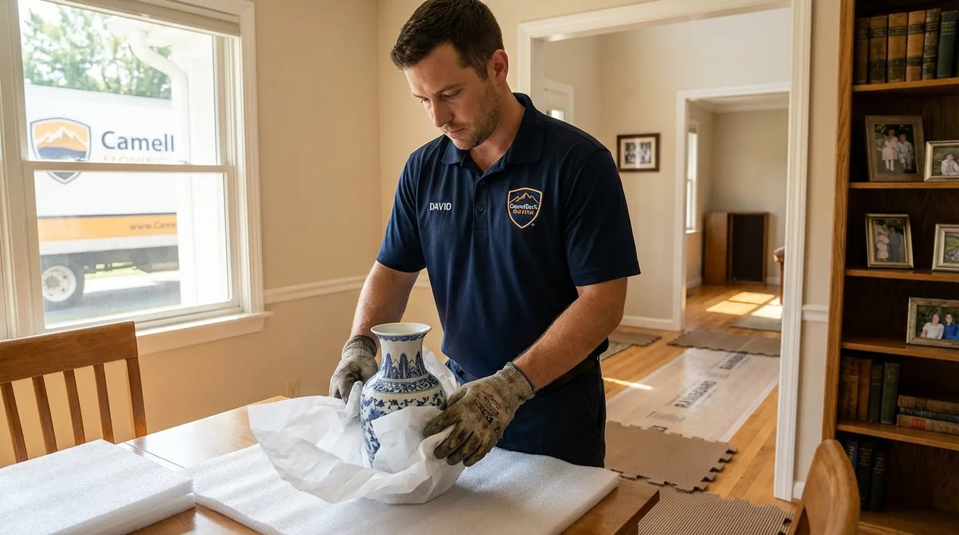Professional crew carefully wrapping antique vase for senior downsizing move in Cape May Court House, NJ